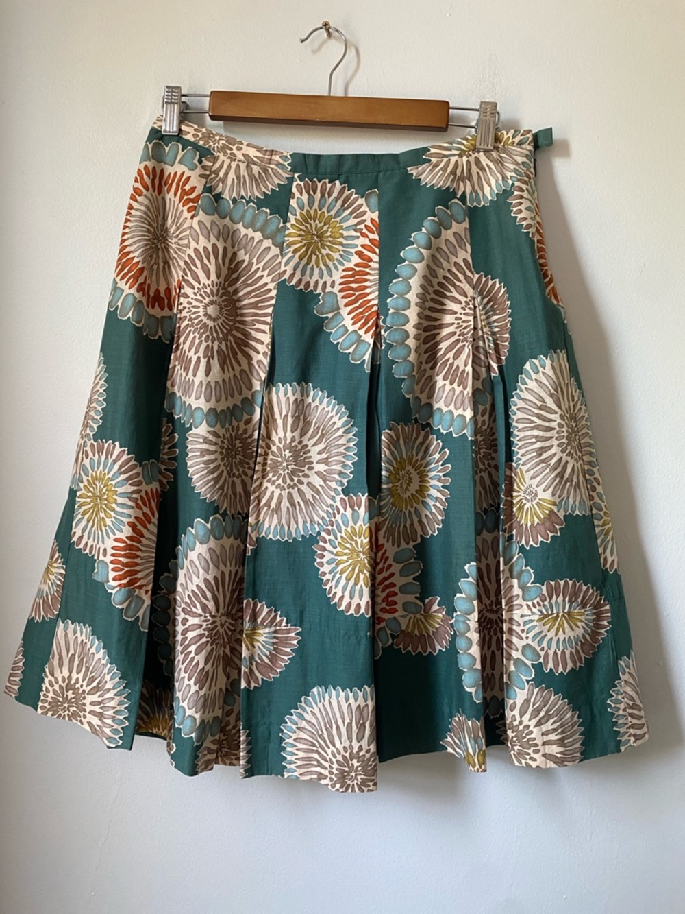 BCBGMaxAzria Teal Floral A-Line Skirt with Cream and Mustard Accents